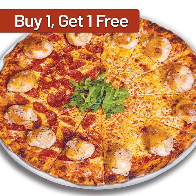 BOGO 18" Garlic Knot Pizza Half Cheese, Half Pepperoni.