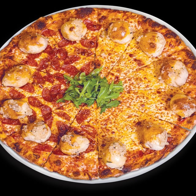18" Garlic Knot Pizza – Half Cheese / Half Pepperoni.